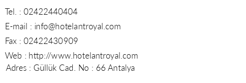 Hotel Antroyal telefon numaralar, faks, e-mail, posta adresi ve iletiim bilgileri
